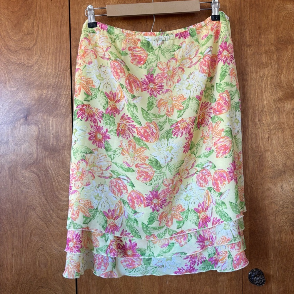 Y2K Floral Tiered Flowy Skirt in Pastel Yellow and Pink